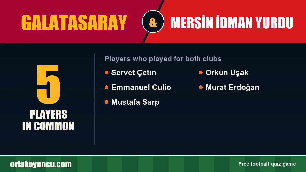 Players who played for both Galatasaray and Mersin İdman Yurdu: 5 players