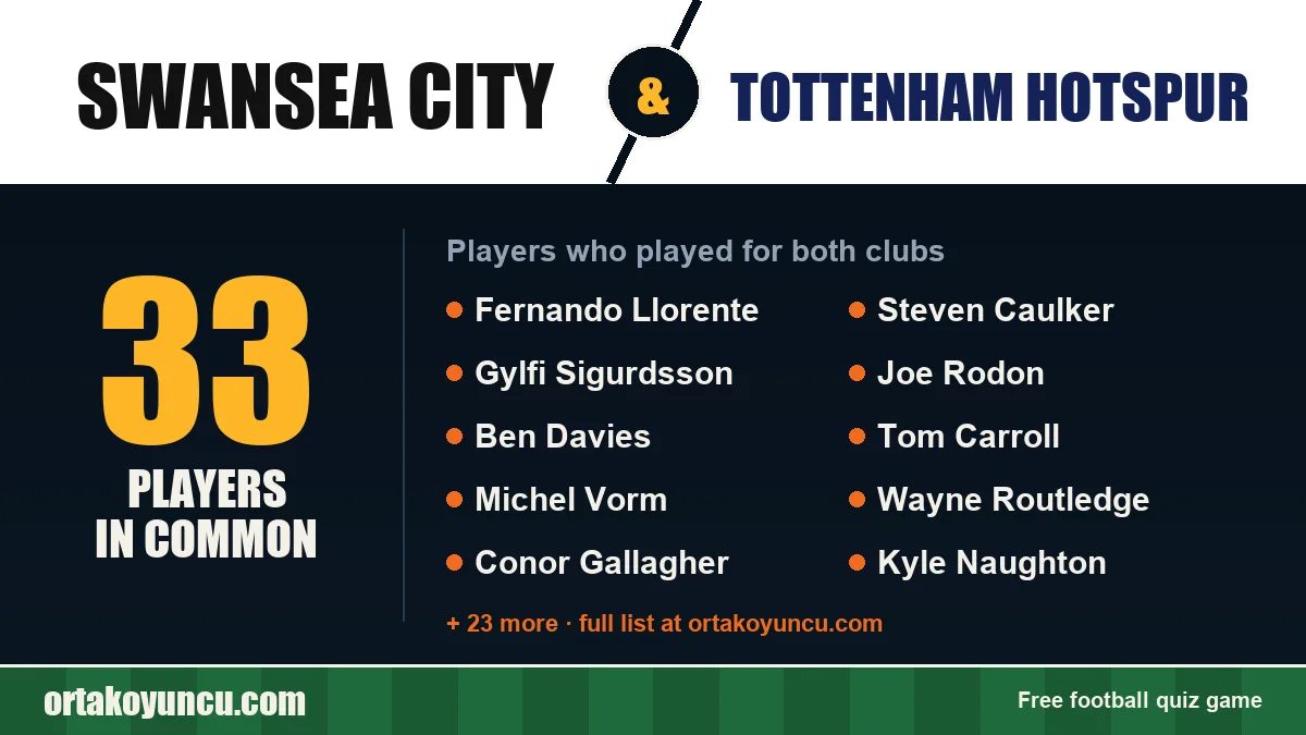 Players who played for both Swansea City and Tottenham Hotspur: 33 players