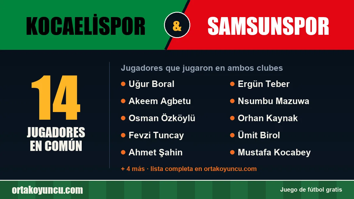Jugadores que jugaron en Kocaelispor y Samsunspor: 14 jugadores